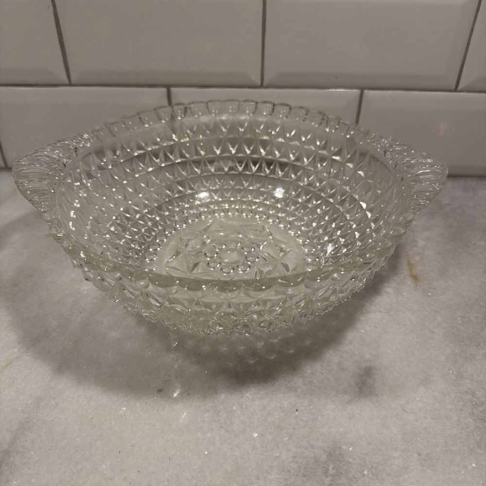 Hobnail Pressed Clear Glass Bowl Handled Scalloped Edge Diamond Vintage OLA05